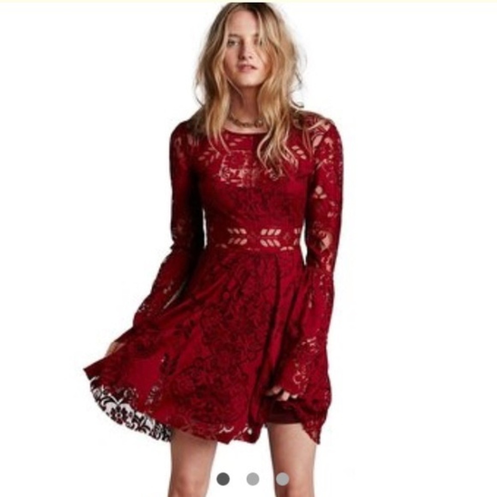 Free People Lovers Folk Song Dress burgundy sheer lace mini size 8 - Picture 1 of 16